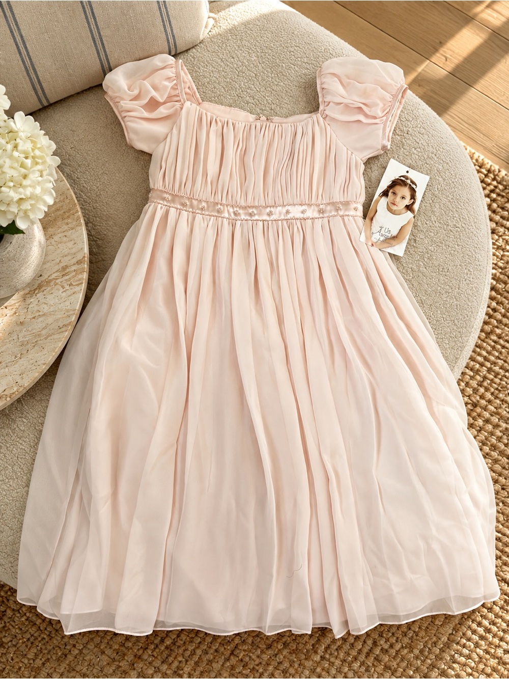 Us Angels Pale Pink Chiffon Puff-Sleeve Party Dress
